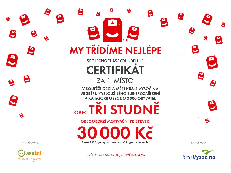 Certifikát za sběr vysloužilého elektrozařízení